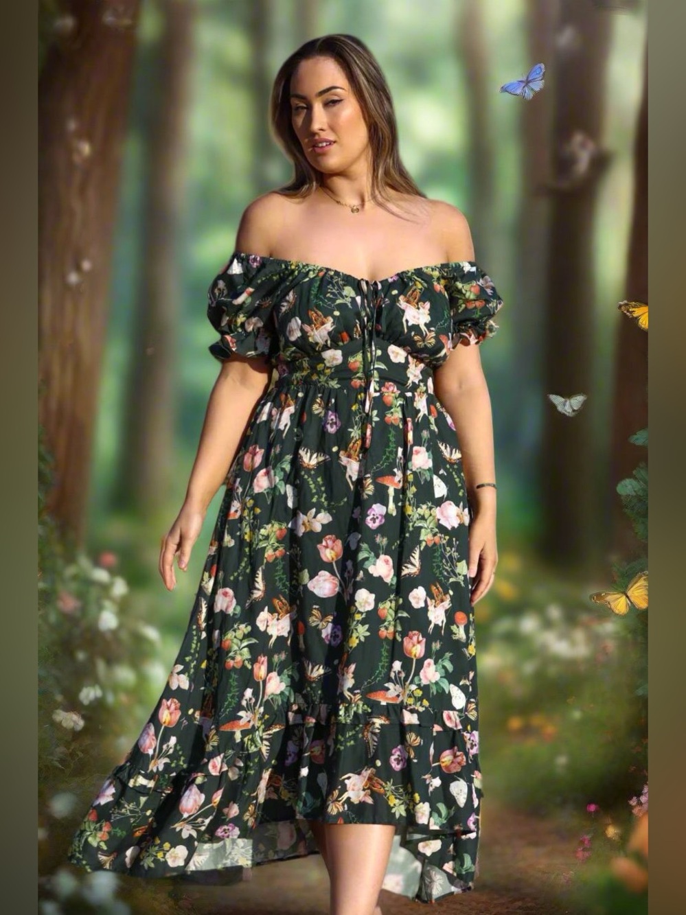 AULIEUDE Ashley Forest Fairytale Maxi Dress 5X NWT Green Linen Blend Butterflies